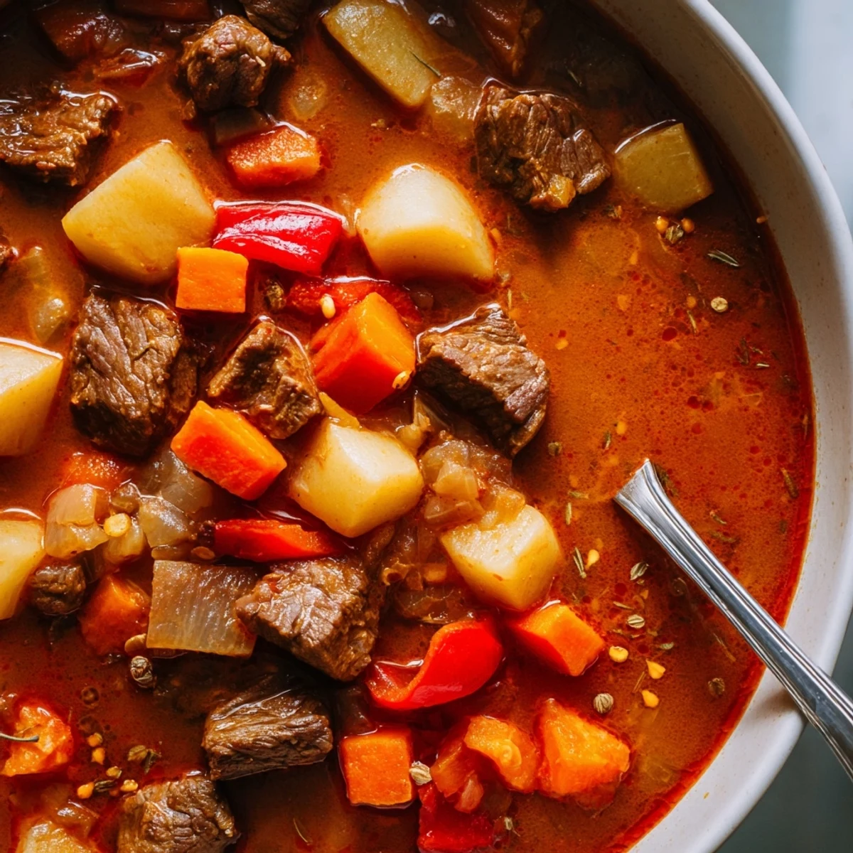 Golden Hungarian Gulyás stew featuring tender beef chunks, colorful vegetables, and vibrant paprika in a rich broth