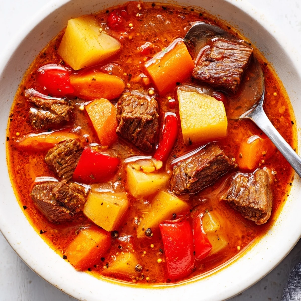 Hearty Hungarian Gulyás soup simmered with carrots, potatoes, and parsnips in a rustic Dutch oven