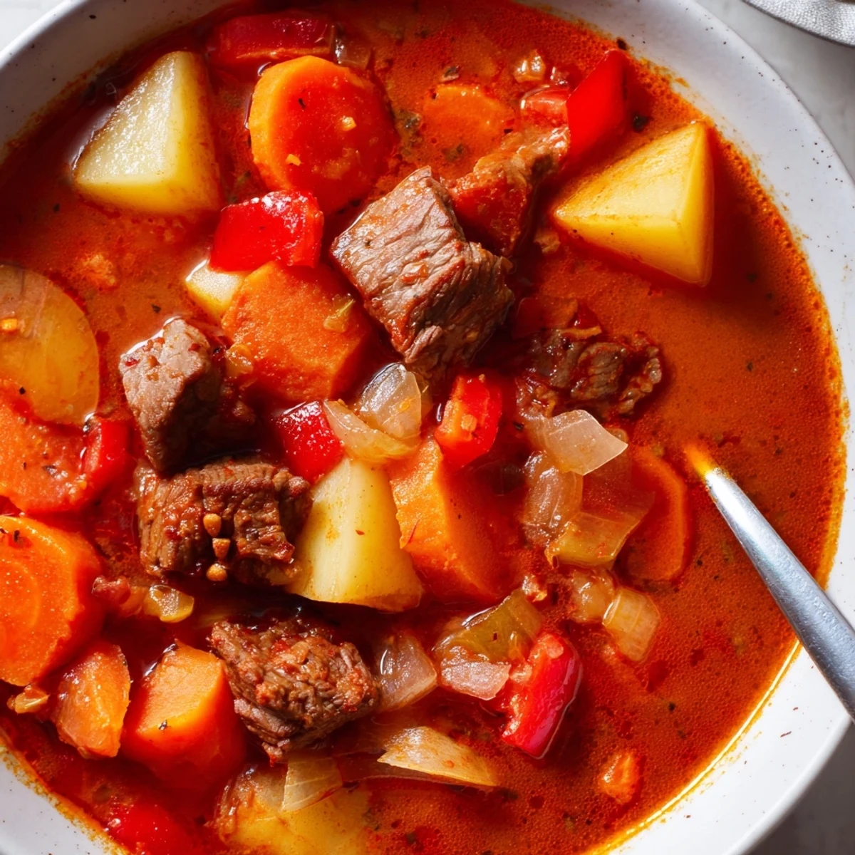 Steaming bowl of traditional Hungarian Gulyás garnished with rustic bread, showcasing tender beef and paprika-infused broth