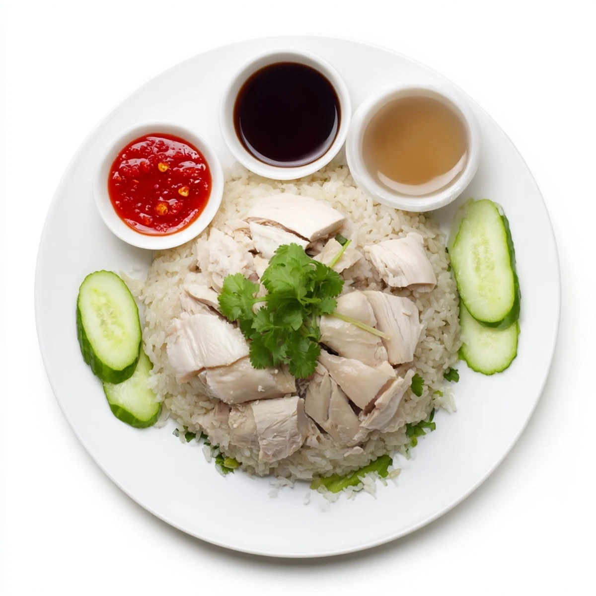 Golden poached chicken rests atop aromatic ginger-garlic jasmine rice with fresh cilantro and cucumber garnish