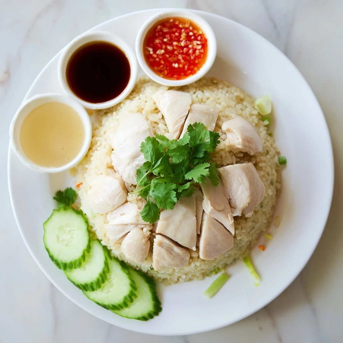 Classic Hainanese chicken rice featuring tender meat served alongside trio of spicy chili and savory soy dipping sauces