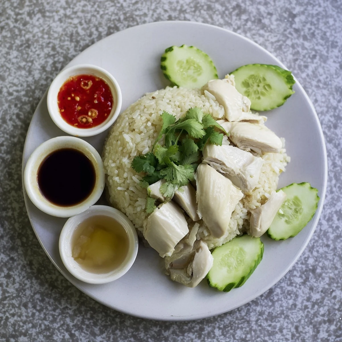 Singaporean style dish with juicy poached chicken over fragrant oily rice accompanied by traditional condiments and garnishes