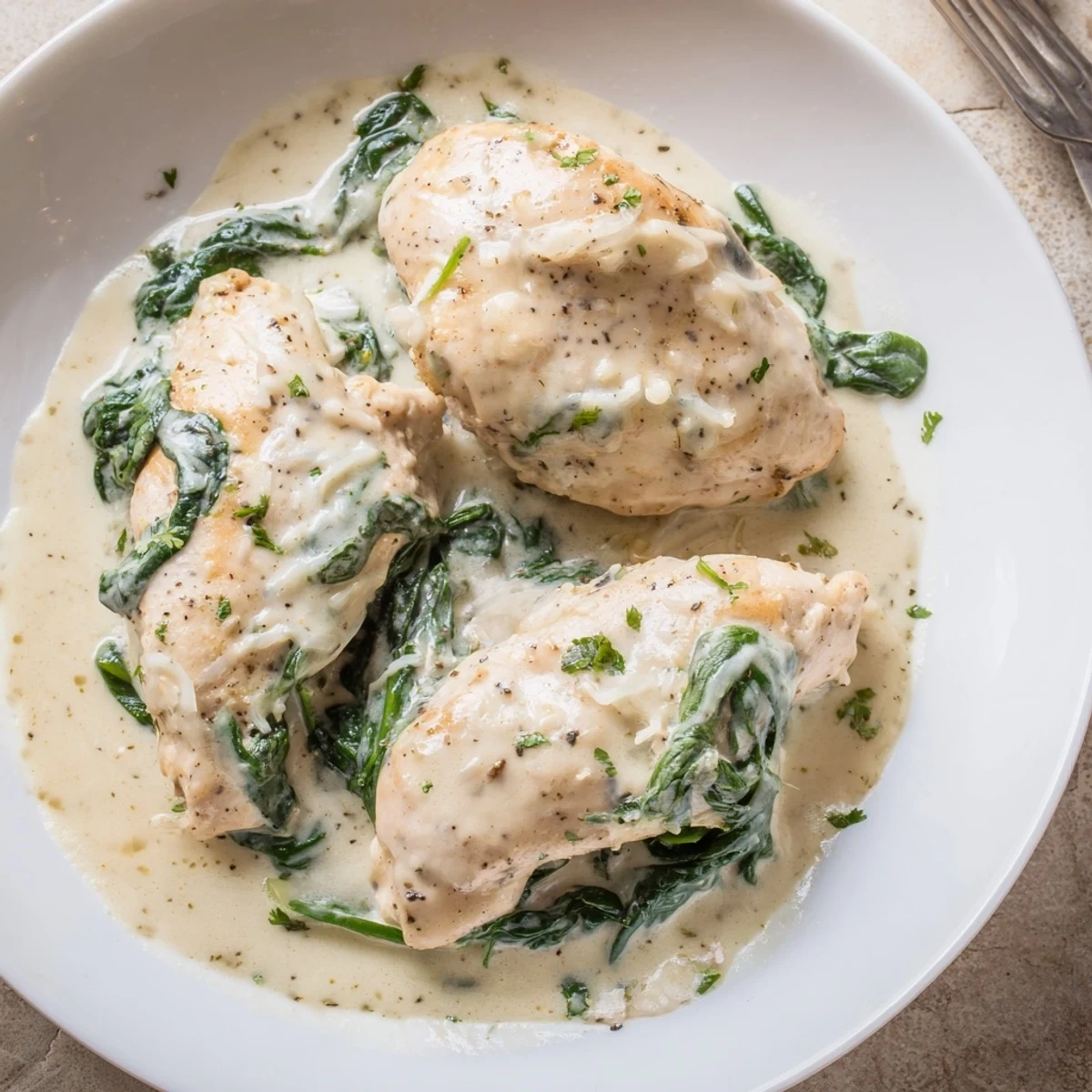 Golden seared chicken breasts nestled in a rich garlic Parmesan cream sauce with wilted spinach