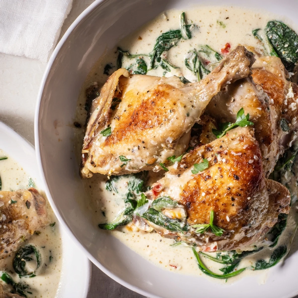 One-pan creamy Parmesan chicken dish with golden brown chicken and spinach in a velvety garlic sauce