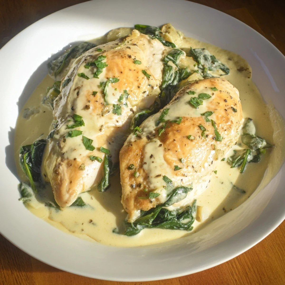 Creamy Parmesan chicken skillet featuring tender meat swimming in a white cheese sauce with fresh greens