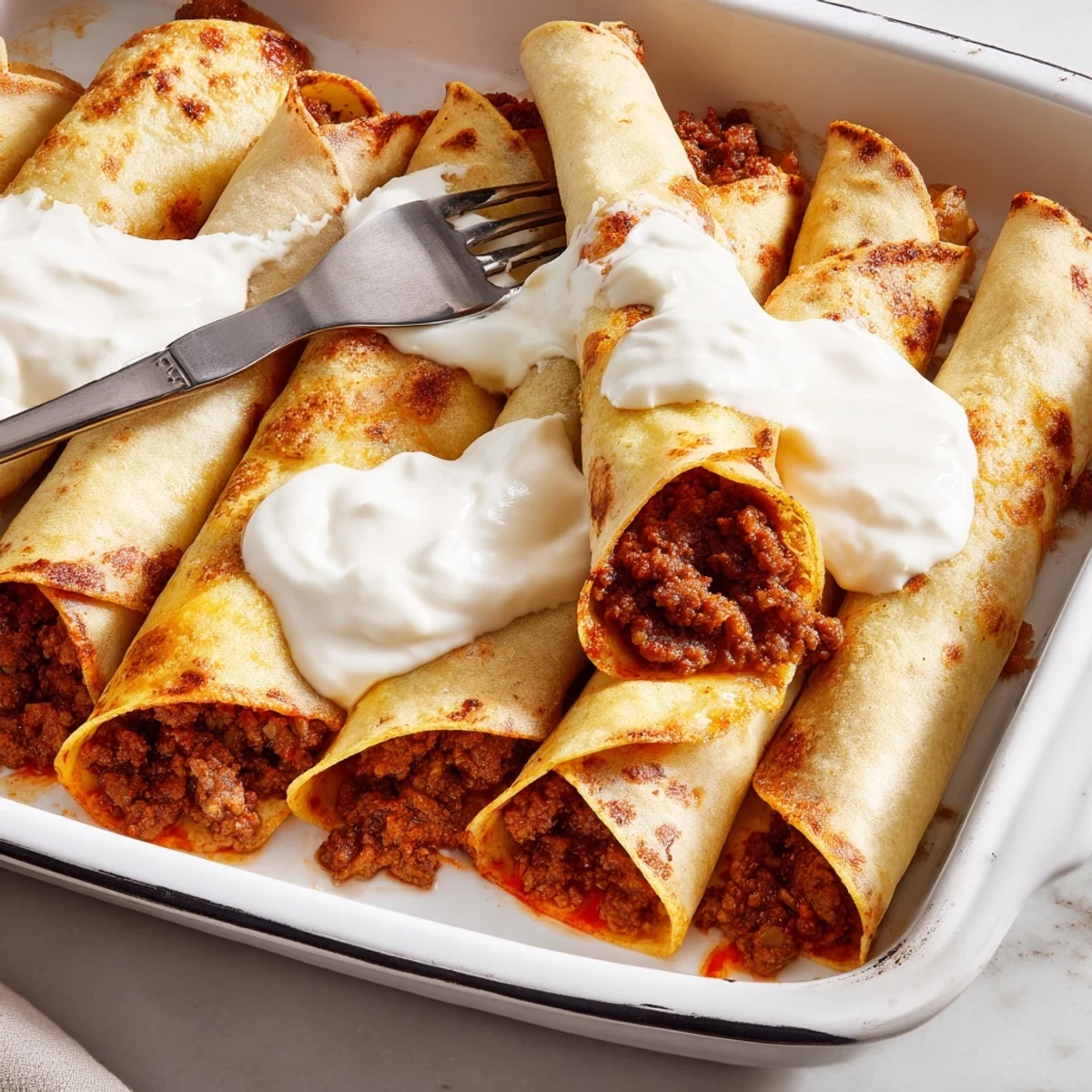 Golden rolled Hortobágyi palacsinta filled with savory paprika meat ragout under creamy sour cream sauce