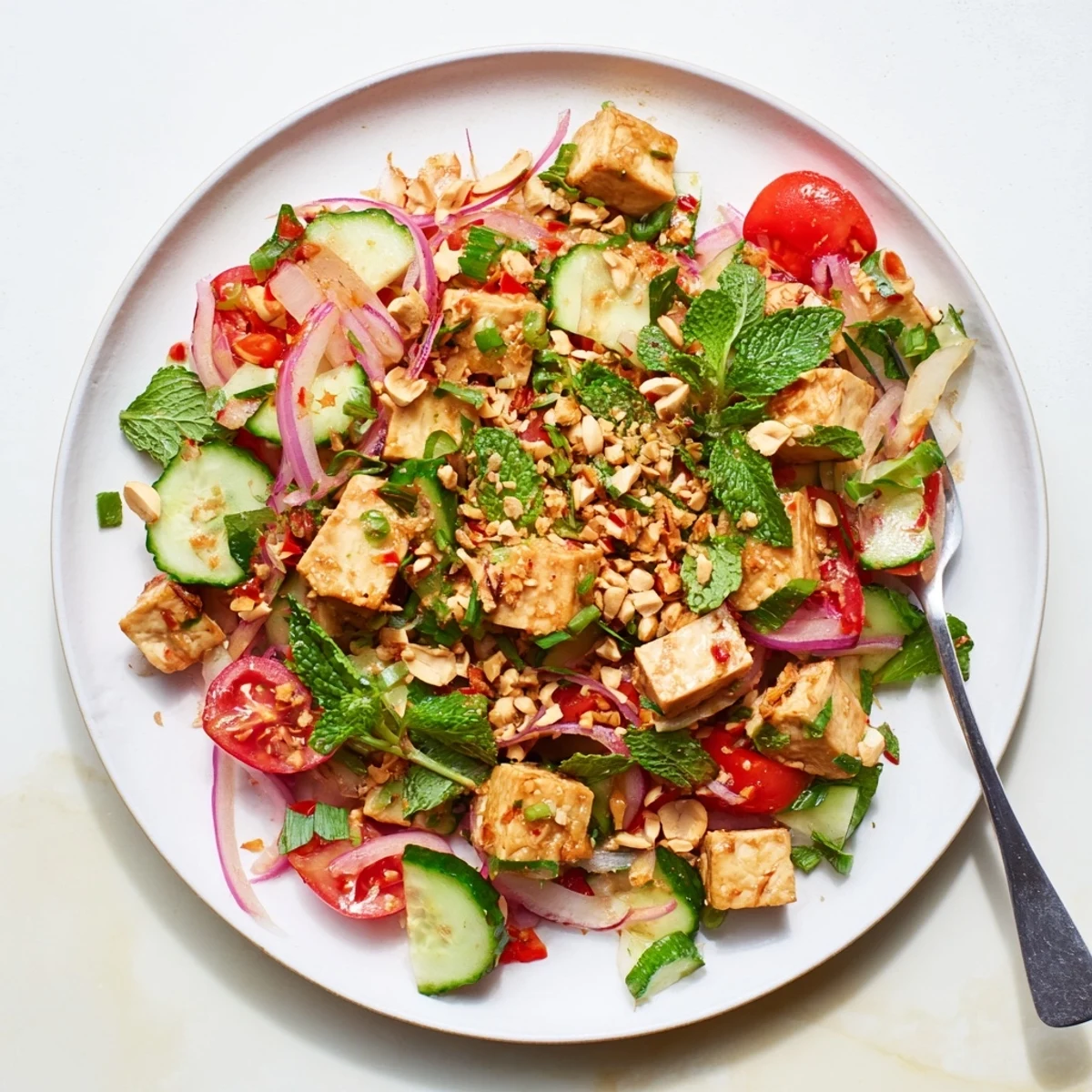 Colorful Tofu Thoke Burmese salad with fresh herbs, crunchy peanuts, and tangy lime dressing