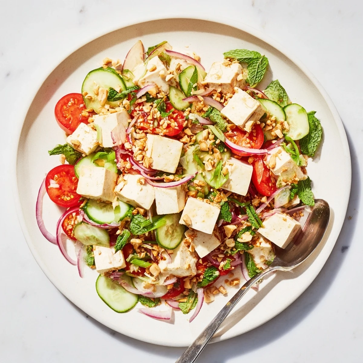 Silken tofu Burmese Tofu Thoke topped with crispy shallots, sesame seeds, and vibrant vegetables
