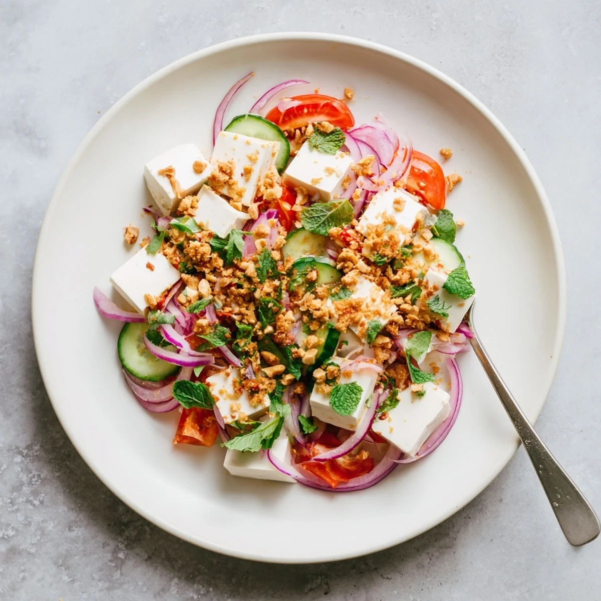 Refreshing vegan Tofu Thoke salad bowl with julienned cucumber, mint, coriander, and roasted peanuts
