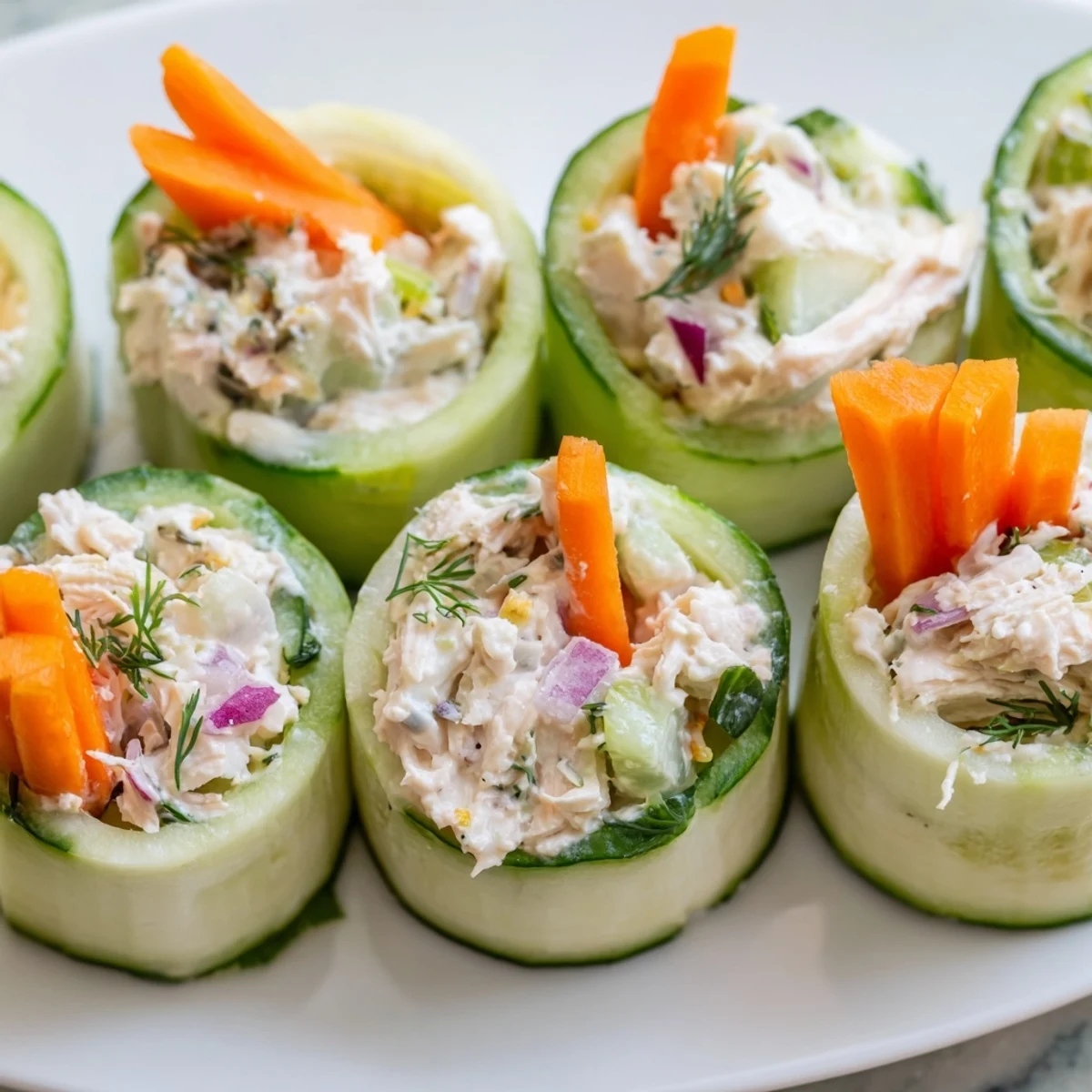 Fresh cucumber ribbons wrapped around creamy chicken salad with dill and celery