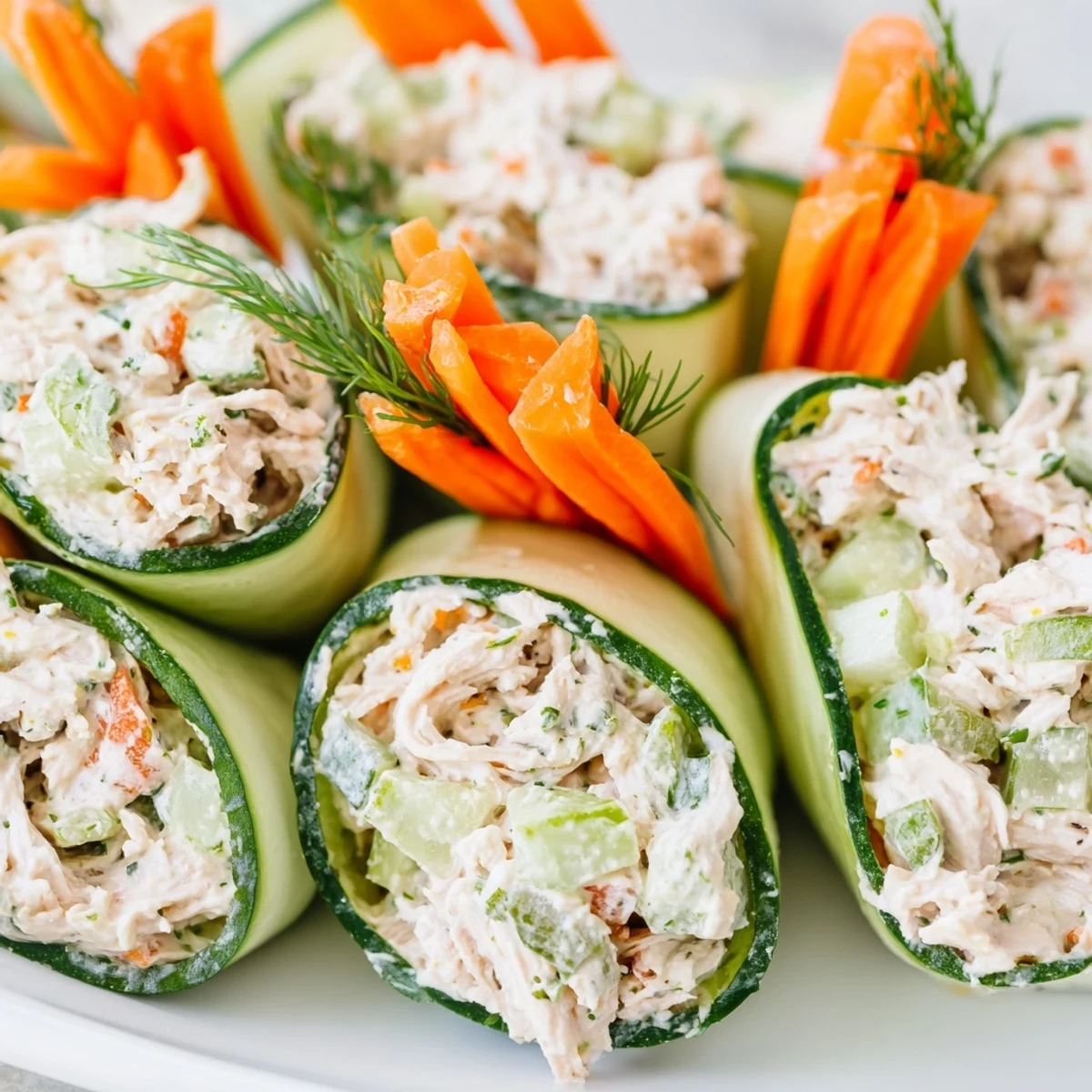 Crisp cucumber slices rolled with seasoned chicken salad for a light appetizer