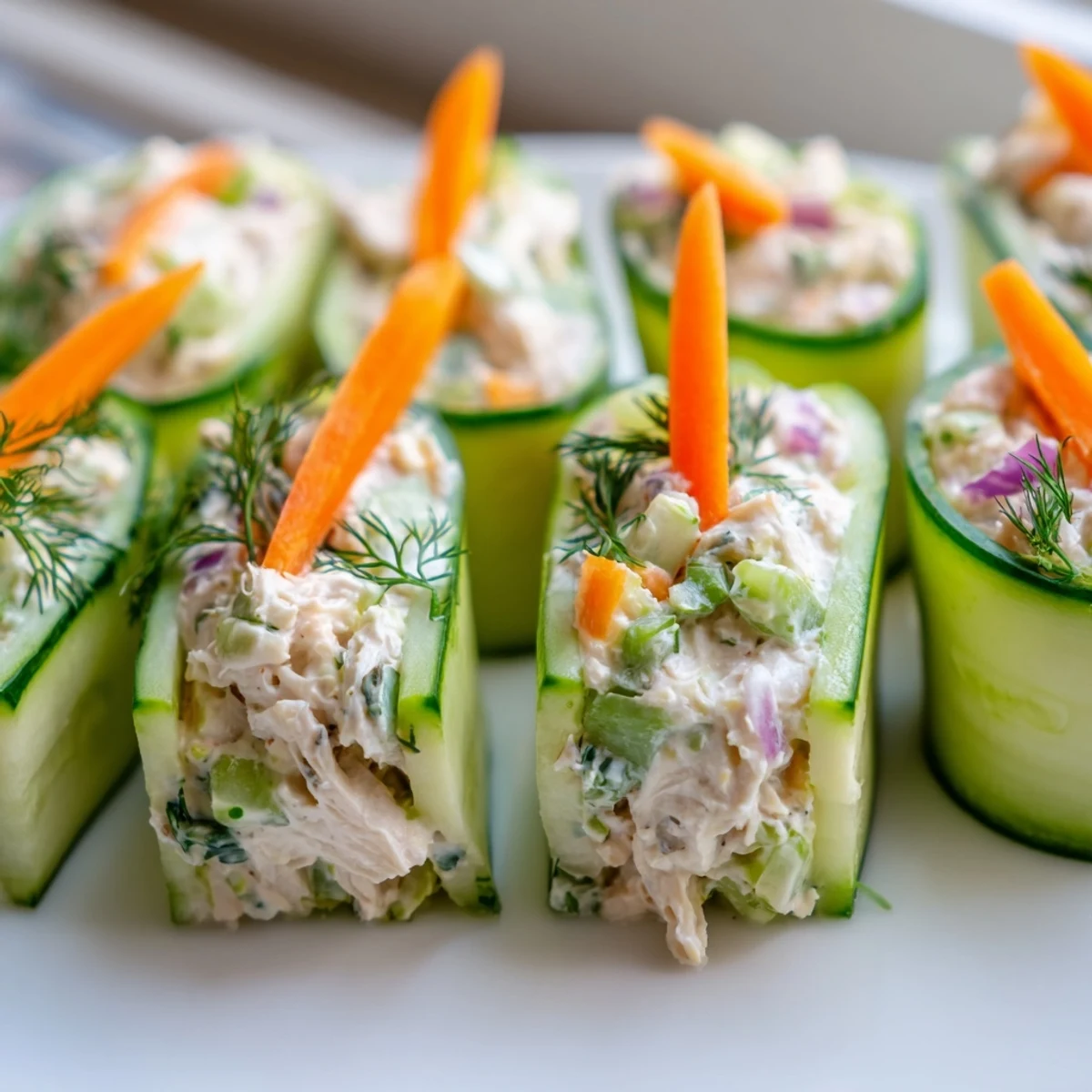 Low carb chicken salad cucumber roll ups garnished with fresh herbs and carrots