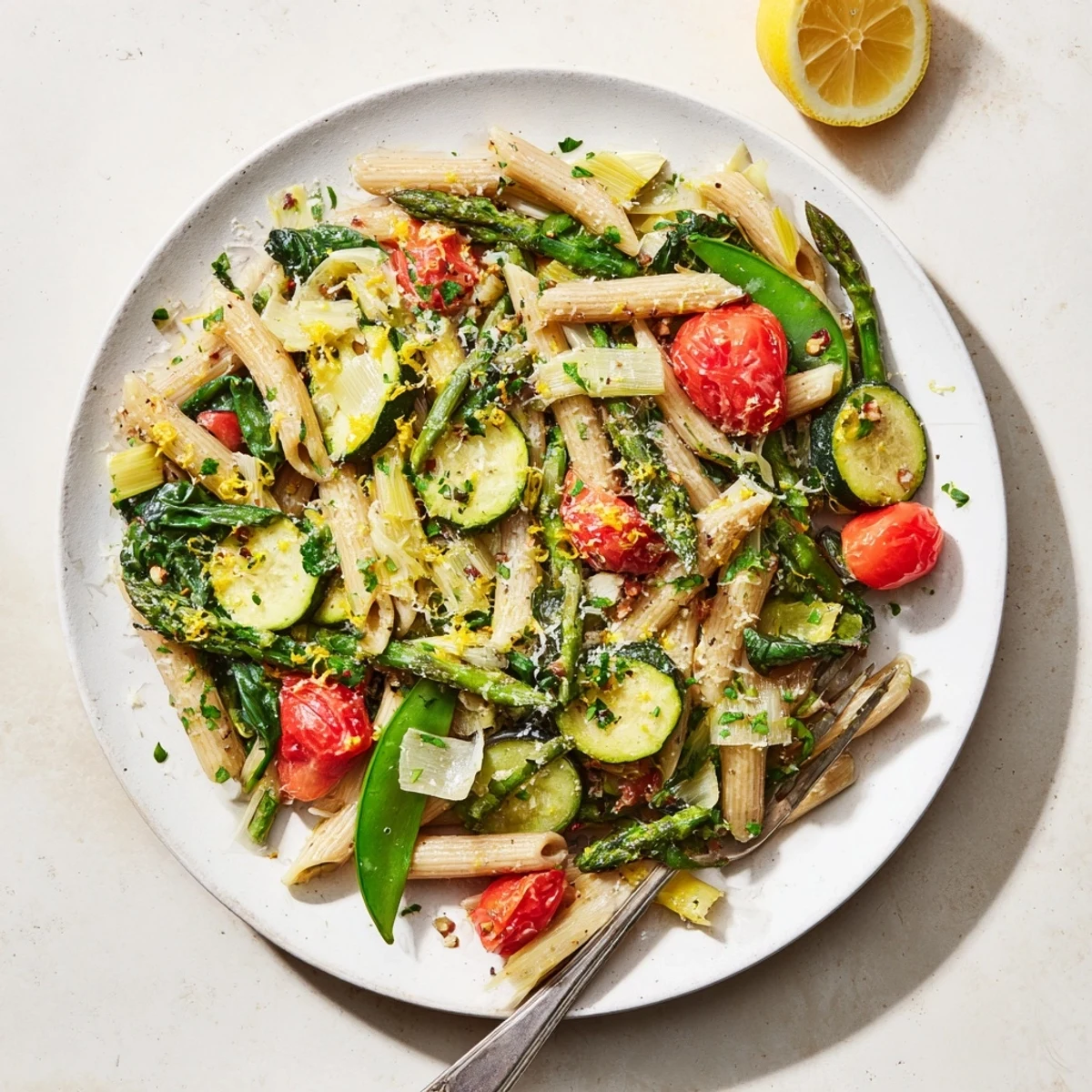 Creamy one pot spring vegetable pasta tossed with tender asparagus, zucchini, and vibrant cherry tomatoes in a savory broth