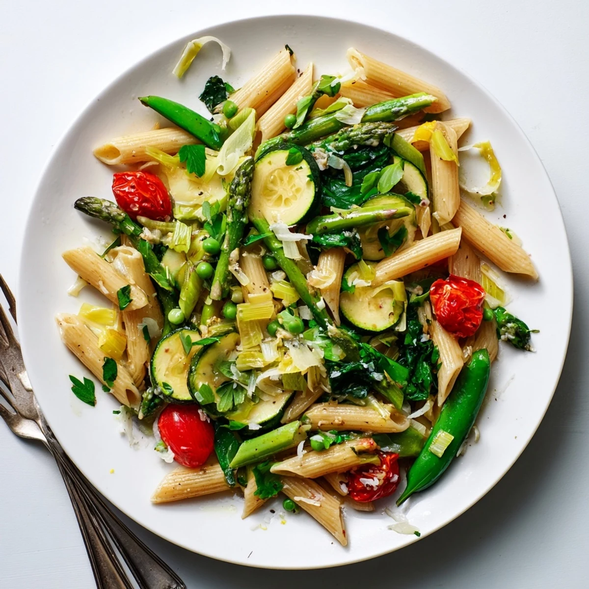 Golden one pot spring vegetable pasta featuring al dente penne with crisp sugar snap peas and fresh baby spinach garnish