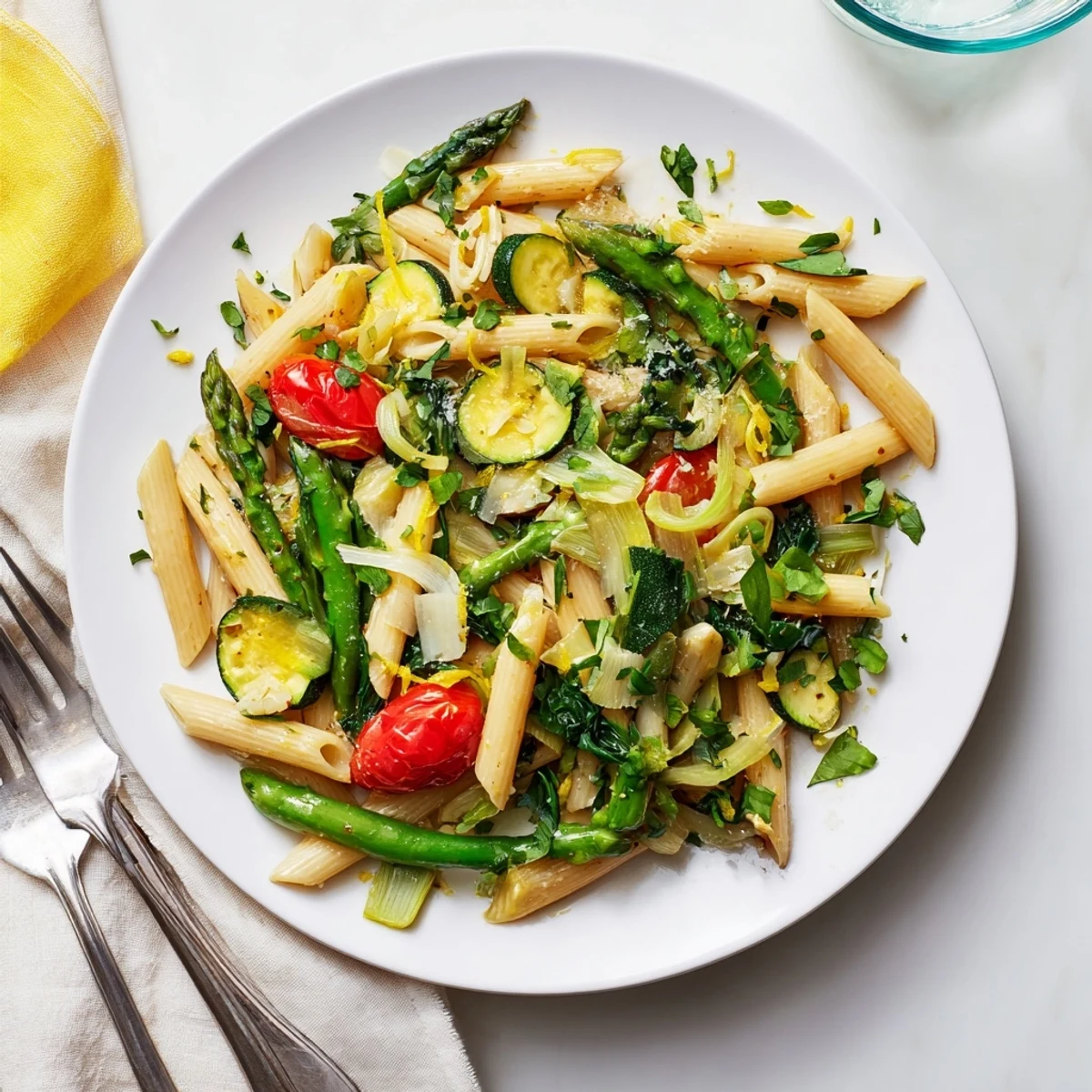 Hearty one pot spring vegetable pasta bowl with melted Parmesan, tender seasonal vegetables, and bright lemon herb finishing