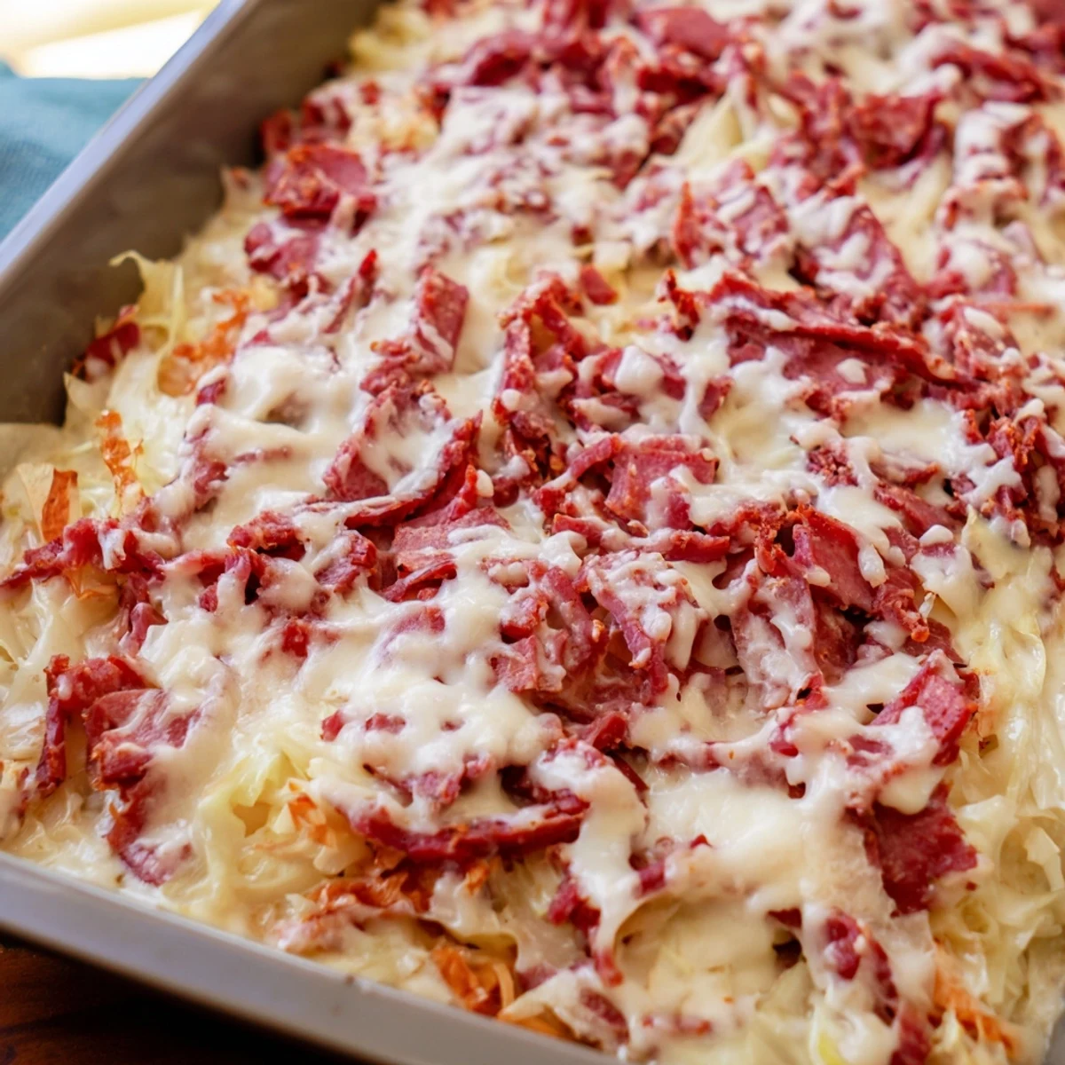 Golden bubbly creamy corned beef cabbage parmesan bake fresh from oven with melted cheese topping