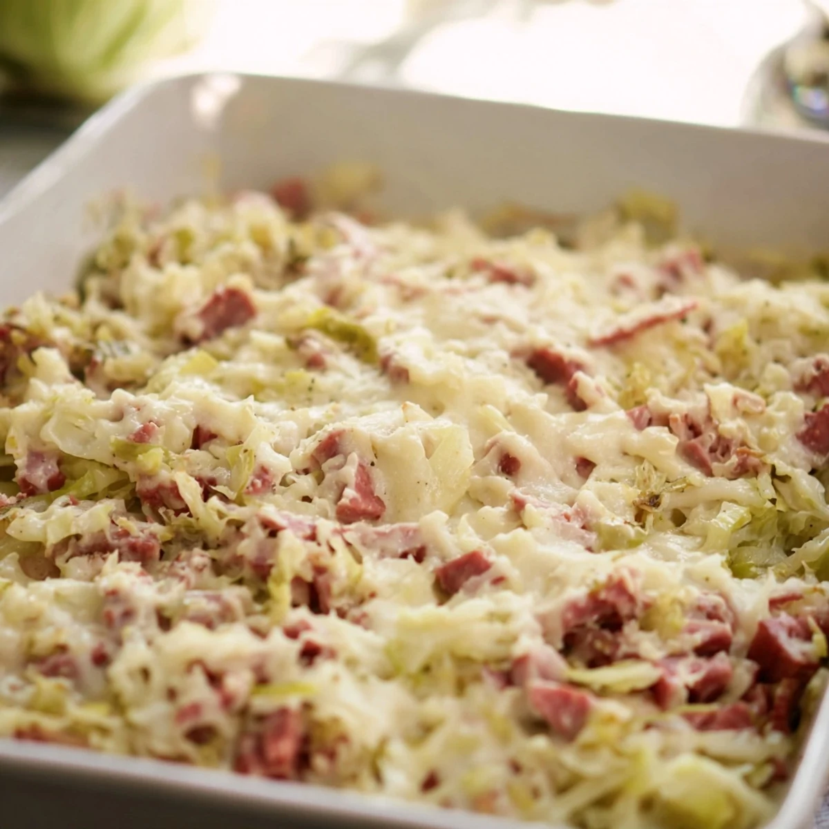 Comforting casserole dish featuring tender shredded cabbage corned beef in rich creamy white sauce