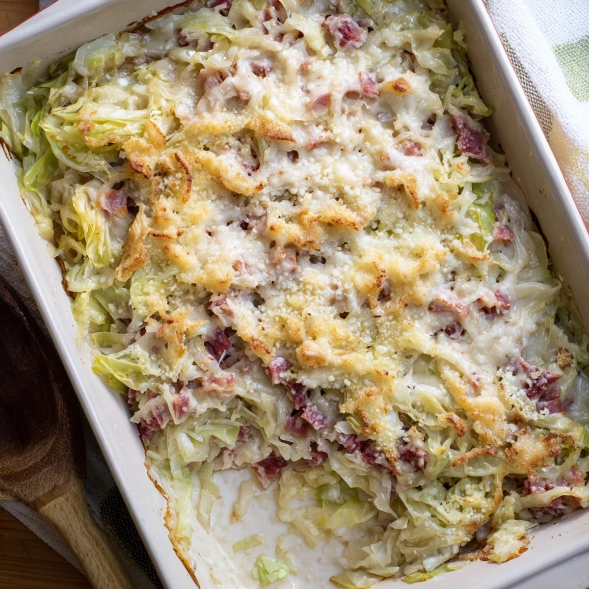 Hearty corned beef cabbage parmesan bake plated with golden brown cheesy crust and parsley garnish