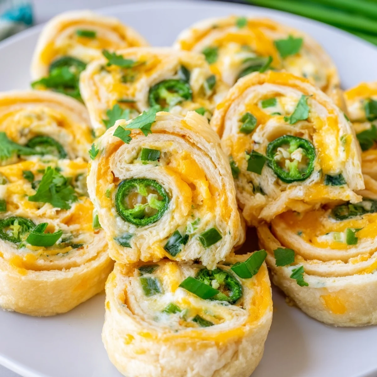 Plate of hot Easy Jalapeno Popper Pinwheels appetizers with melted cheddar and visible green jalapeno pieces