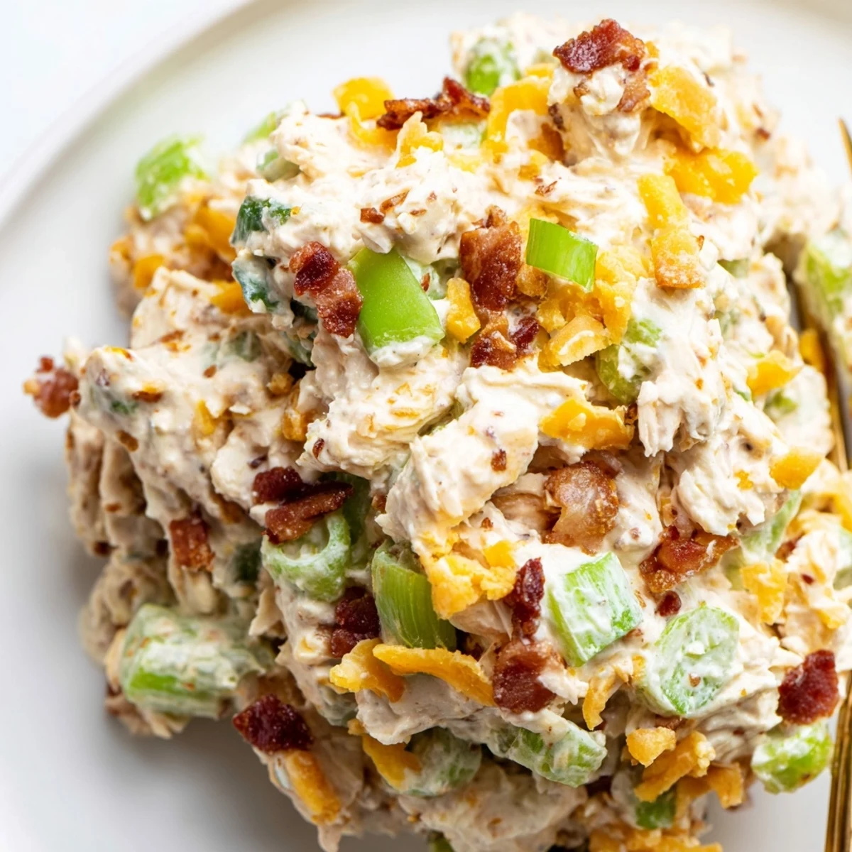 Scoops of rich keto chicken salad featuring bacon, cheese, and sliced peppers