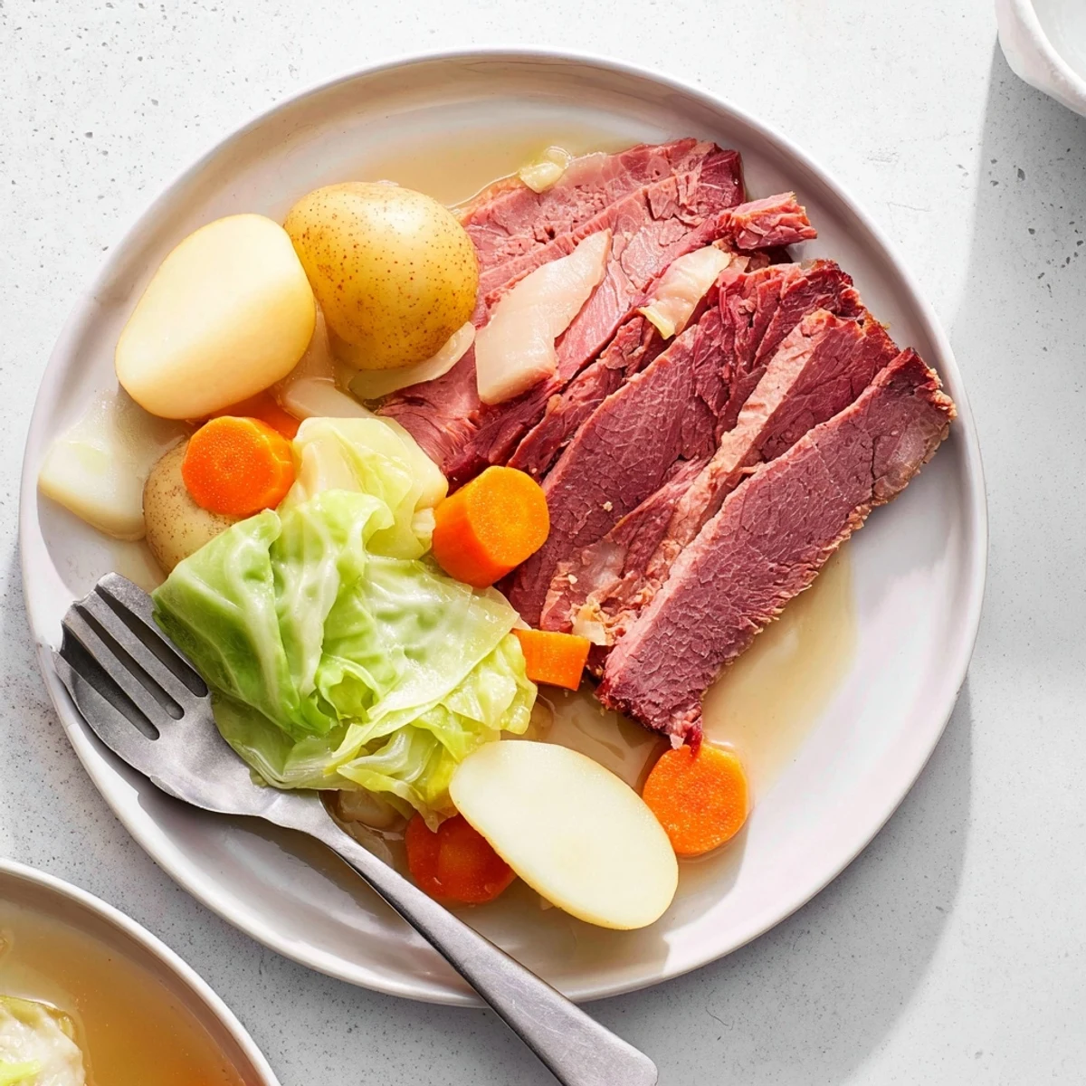 Golden slices of tender slow cooker corned beef alongside buttery cabbage and red potatoes