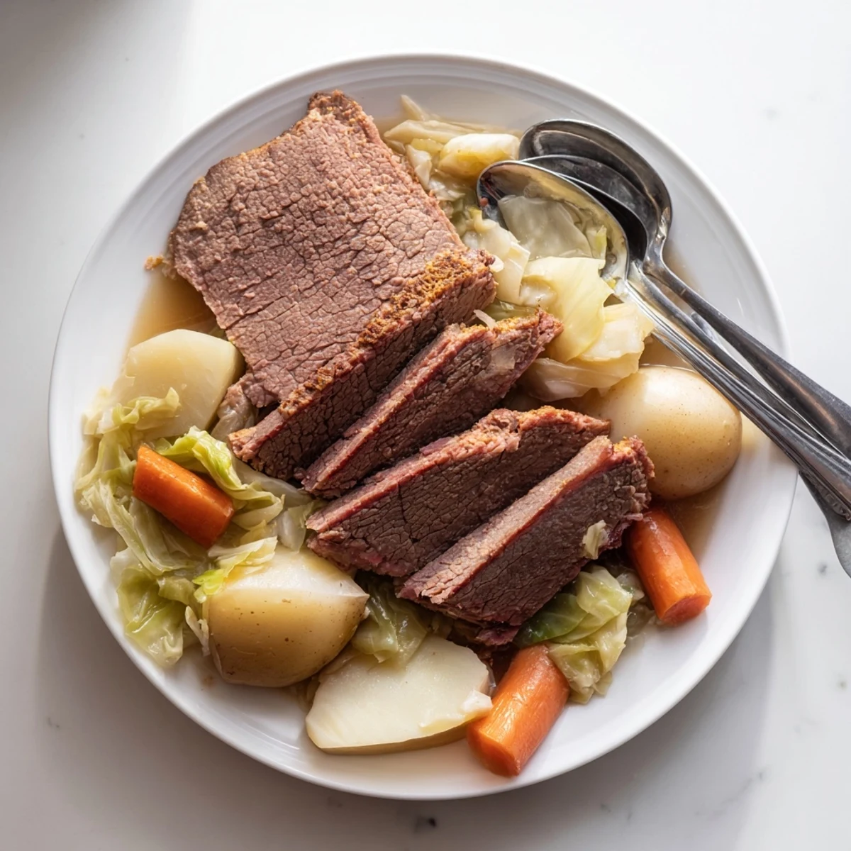 Fork-tender corned beef brisket plated with cabbage wedges, carrots, and potatoes for St. Patrick's Day