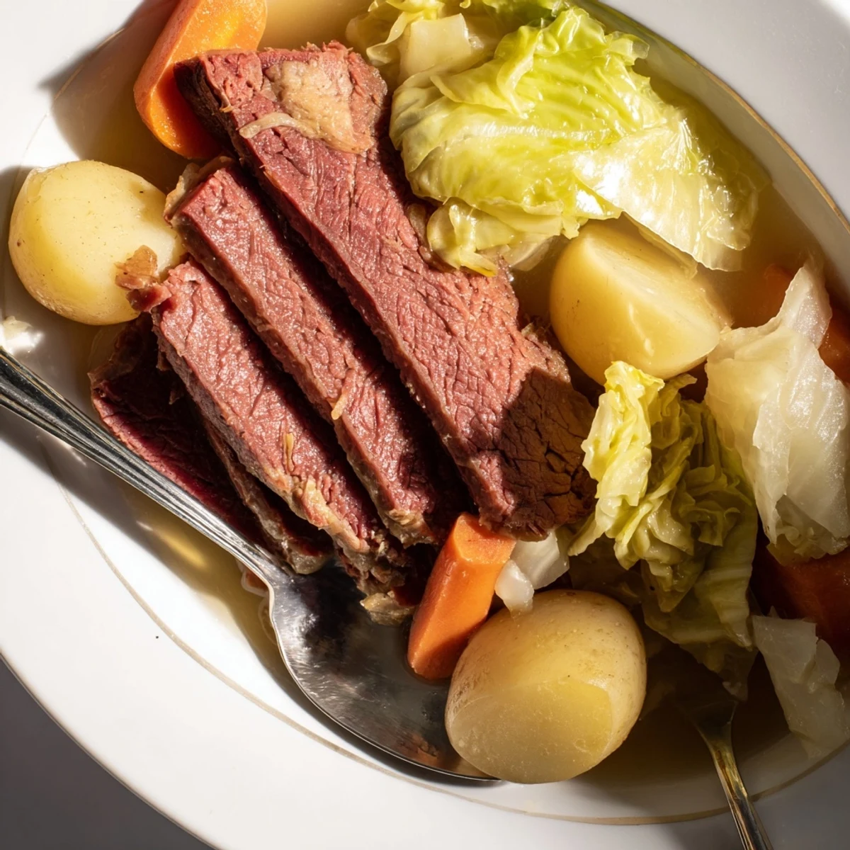 Hearty bowl of slow cooker corned beef with colorful vegetables in rich beef broth