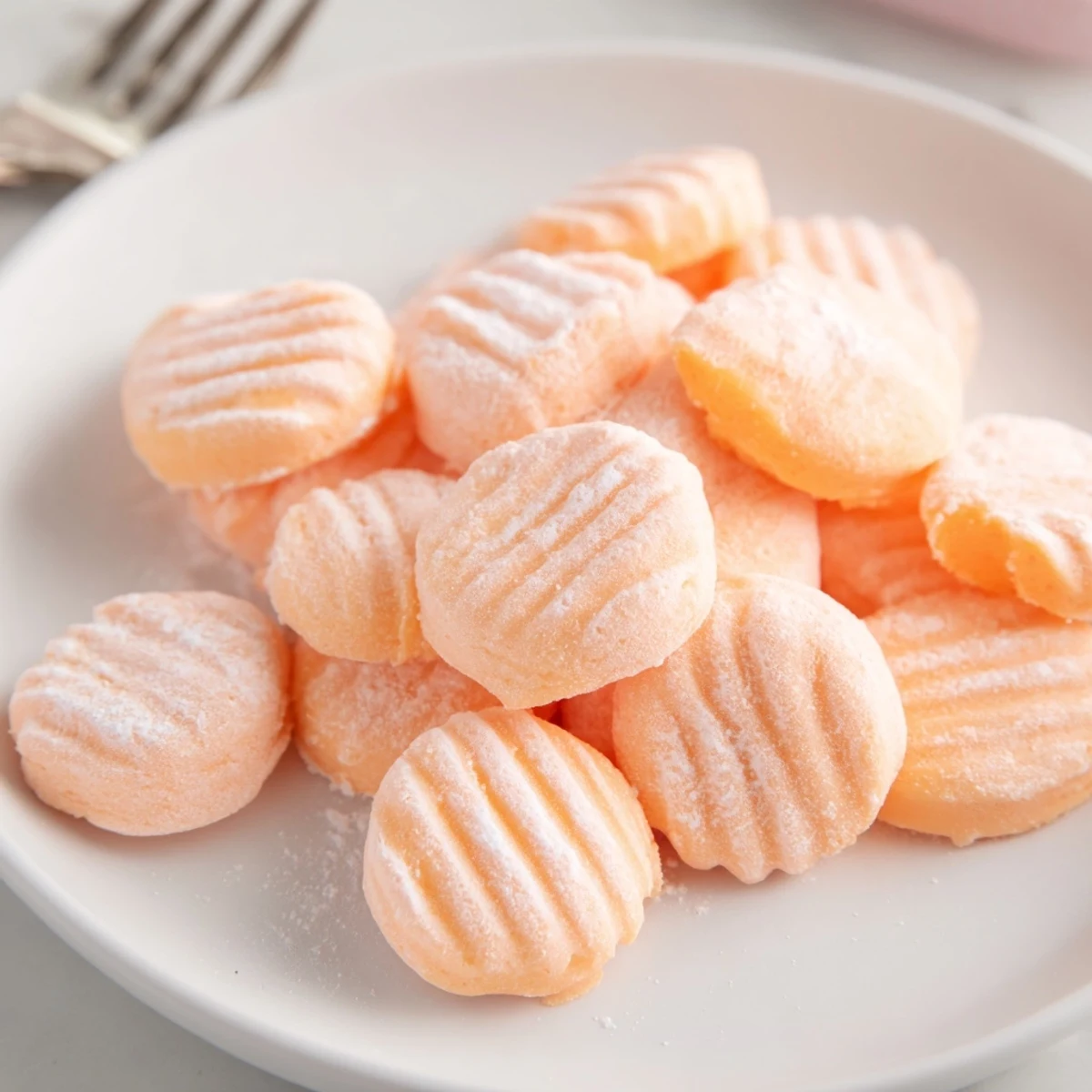 Homemade orange cream cheese mints arranged on a white serving platter with fork patterns