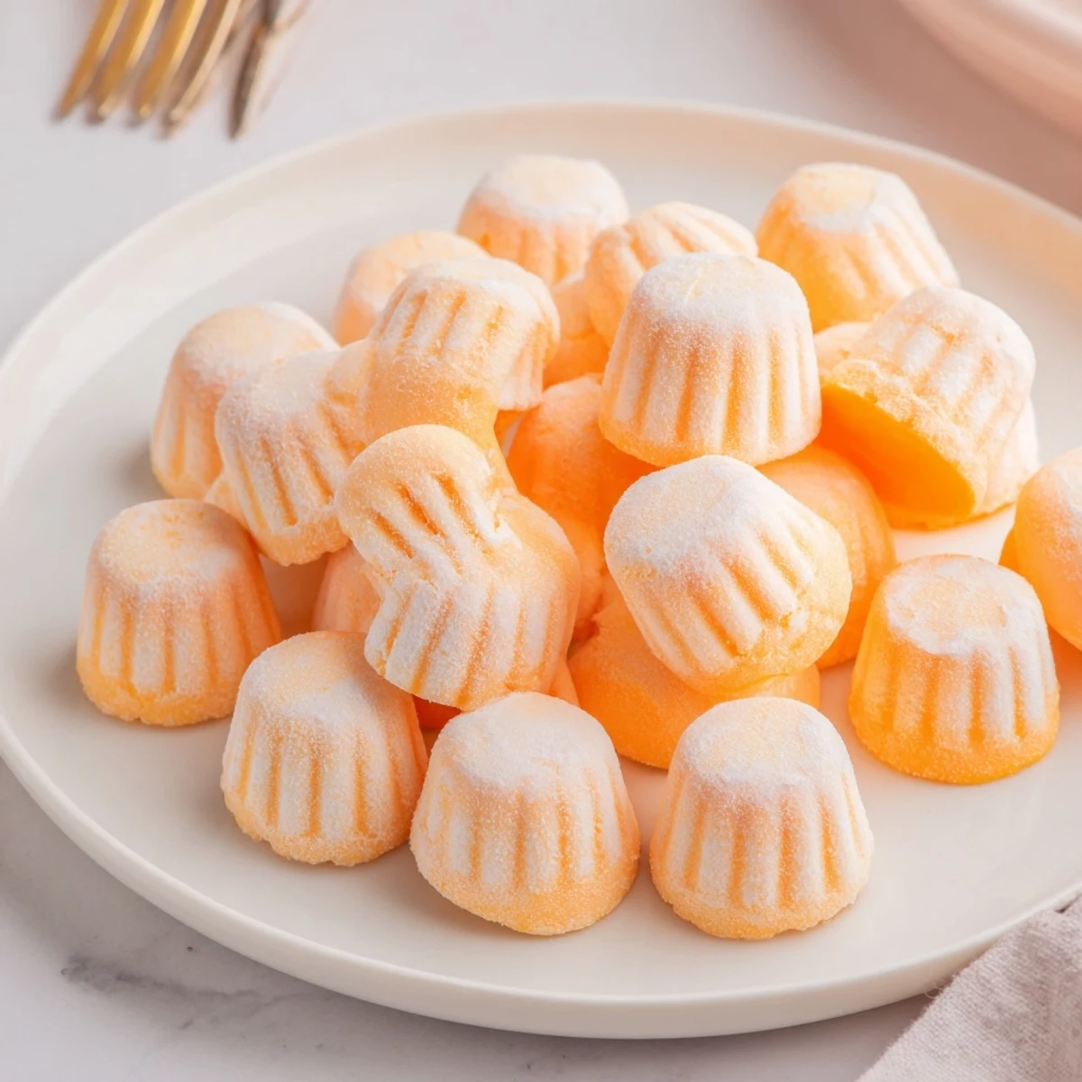 Vibrant orange cream cheese mints dusted with powdered sugar on parchment paper