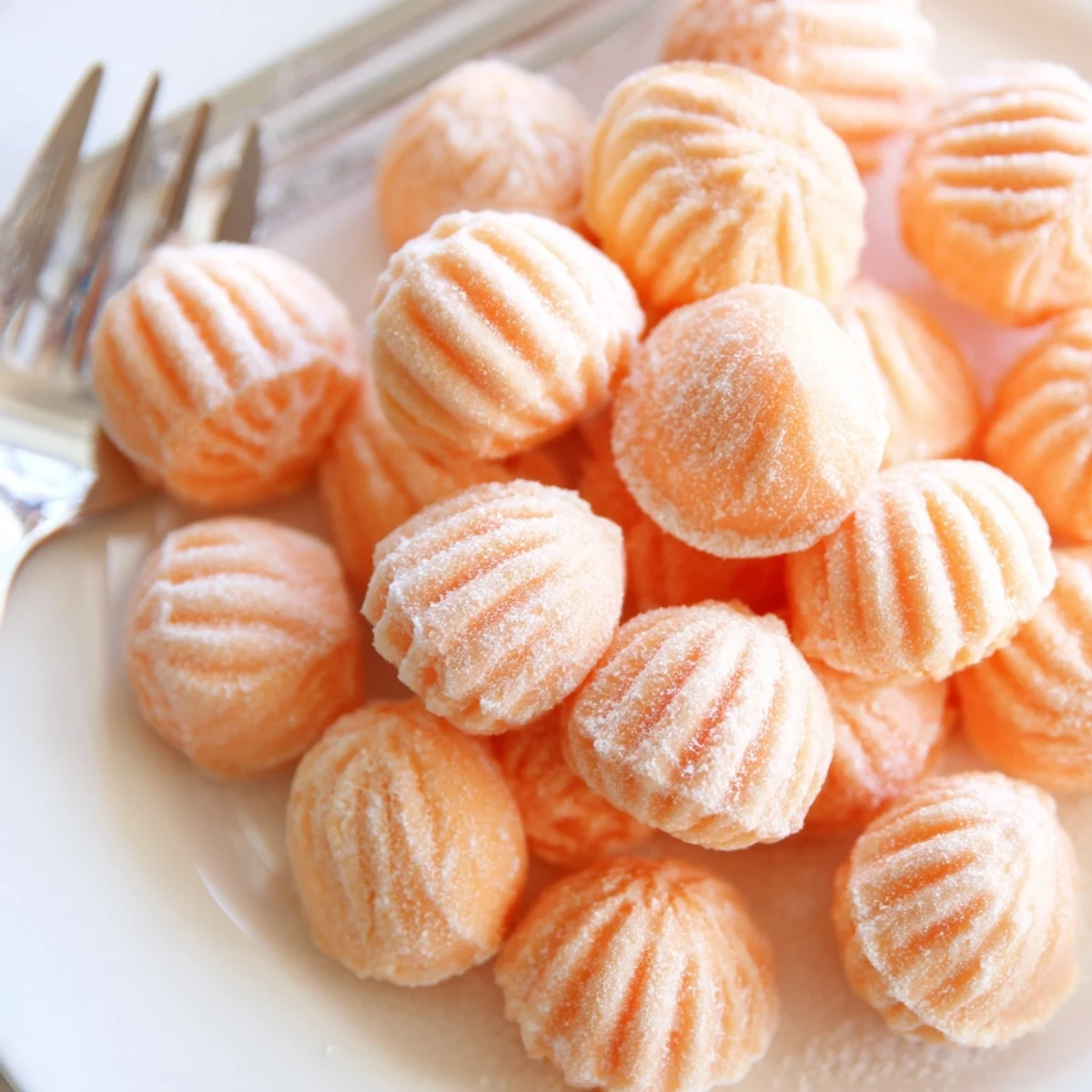Soft orange cream cheese mints stacked in a glass bowl ready for party serving