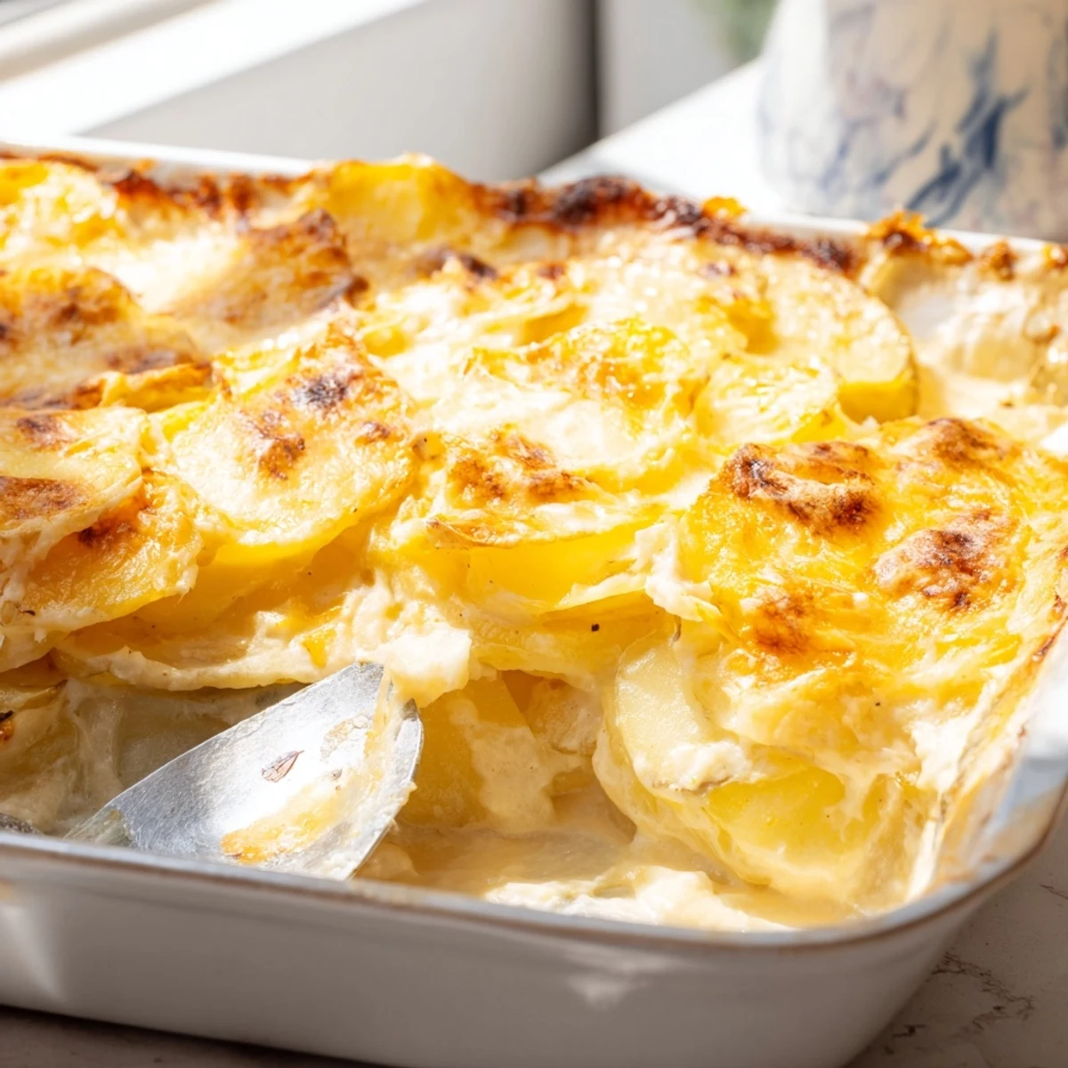 Golden bubbling potatoes au gratin with melted Gruyère cheese in a creamy baking dish
