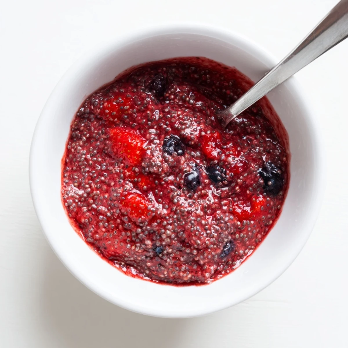 Thick purple easy berry chia seed jam glistening in a glass mason jar