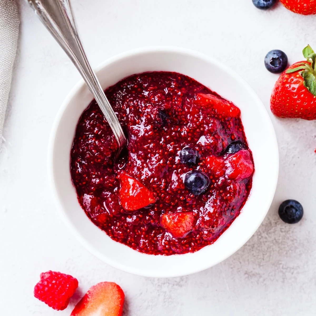 Vibrant jar of easy berry chia seed jam spooned onto whole grain toast