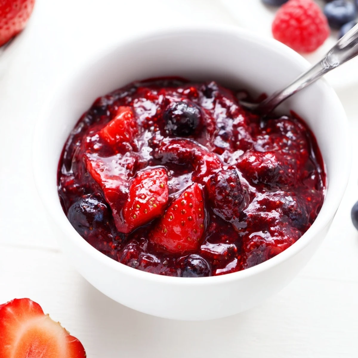 Fresh mixed berry chia seed jam swirled into creamy Greek yogurt parfait