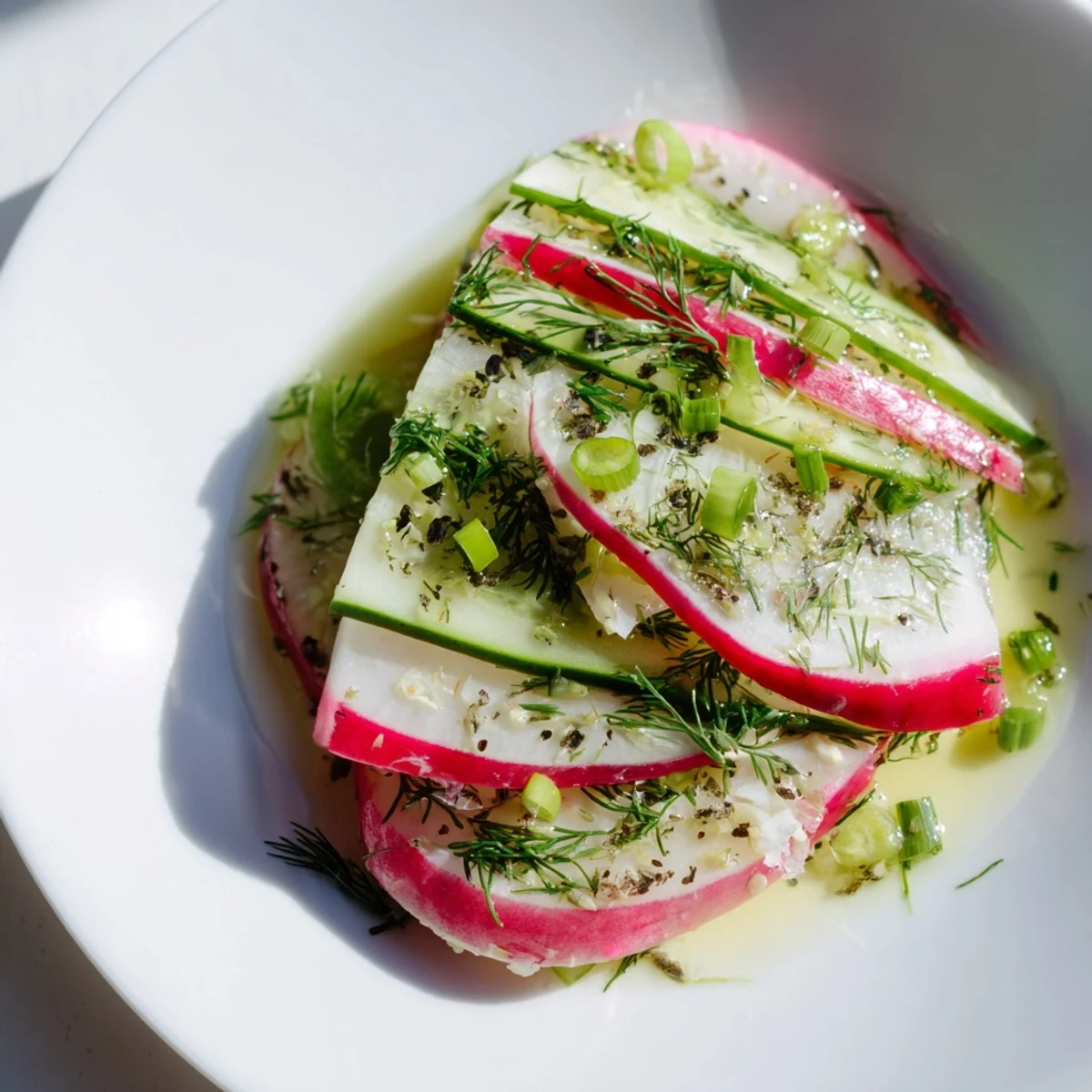 Crisp thinly sliced radishes and cucumbers arranged in a white serving bowl