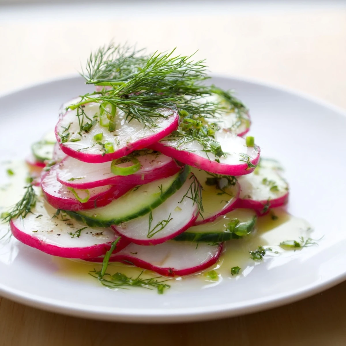 Vibrant vegetable salad featuring peppery radishes and cool cucumbers with dill garnish