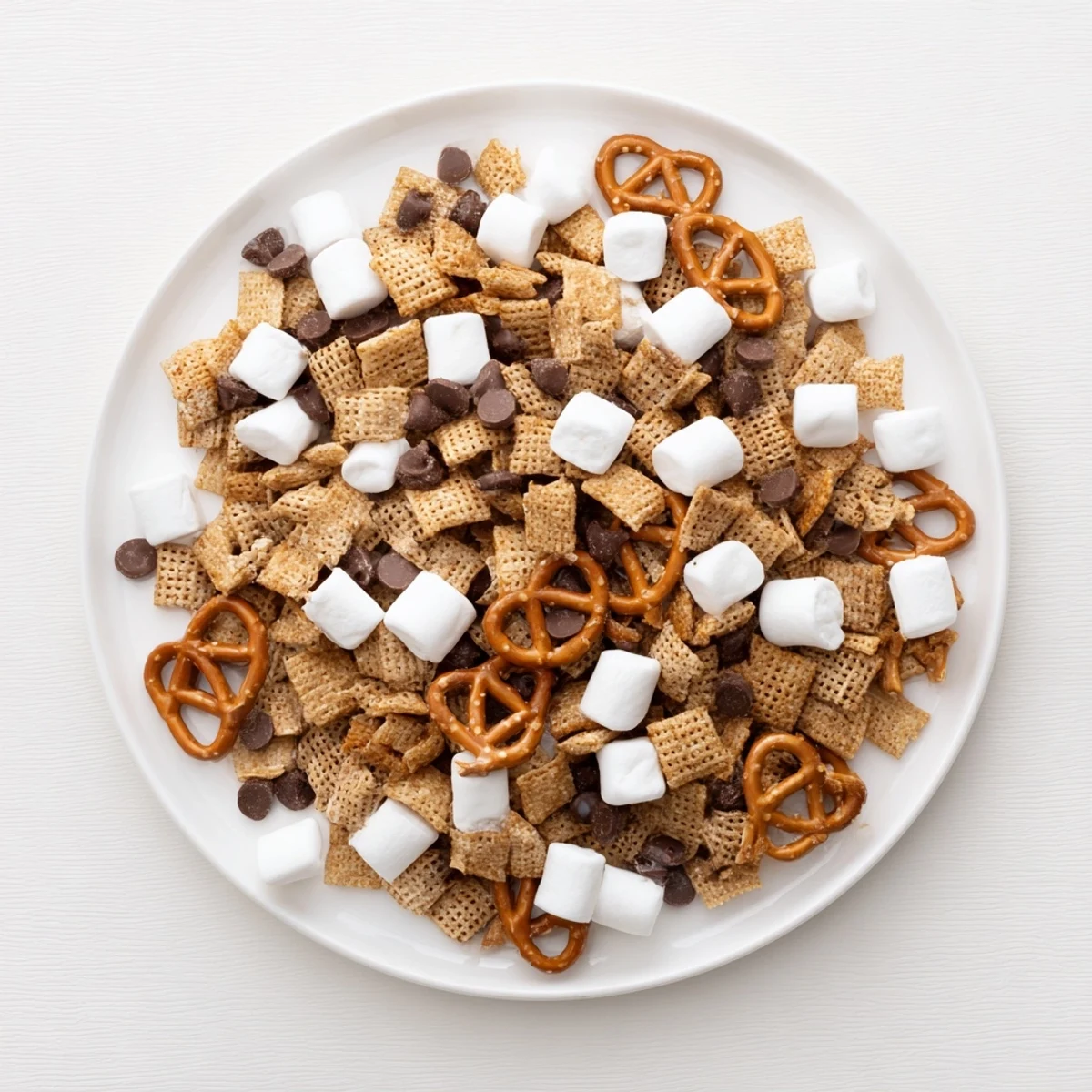 Golden bowl filled with s'mores snack mix featuring chocolate chips, marshmallows, and crunchy pretzels