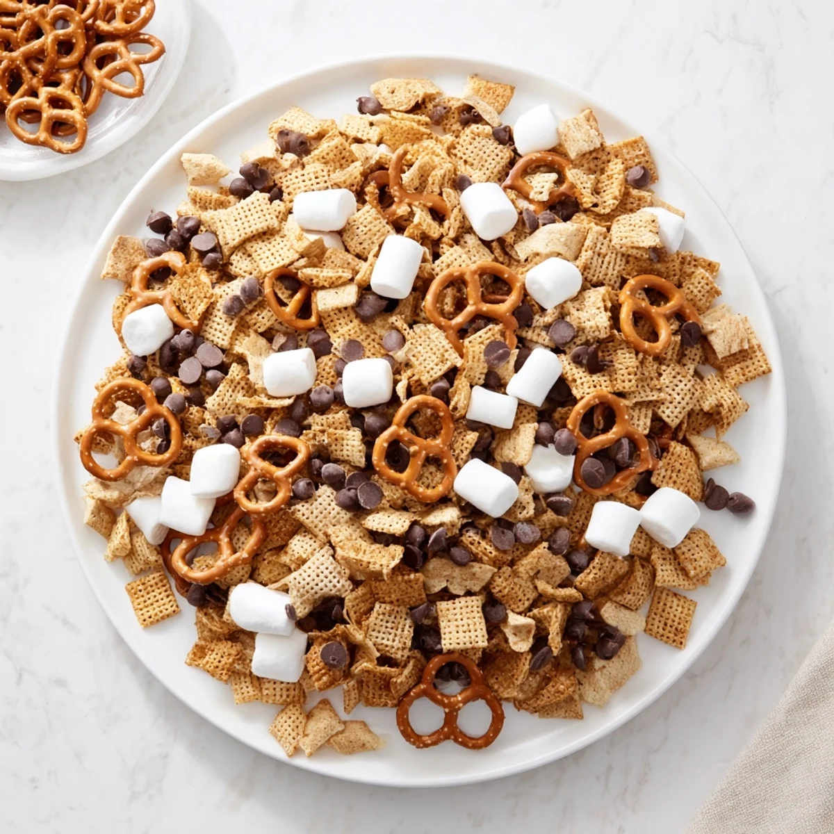 Colorful s'mores snack mix layered in glass jar showing graham cereal, chocolate, and mini marshmallows