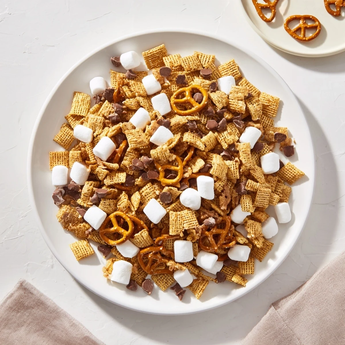 Close-up of s'mores snack mix scattered on wooden board with melted milk chocolate and pretzels