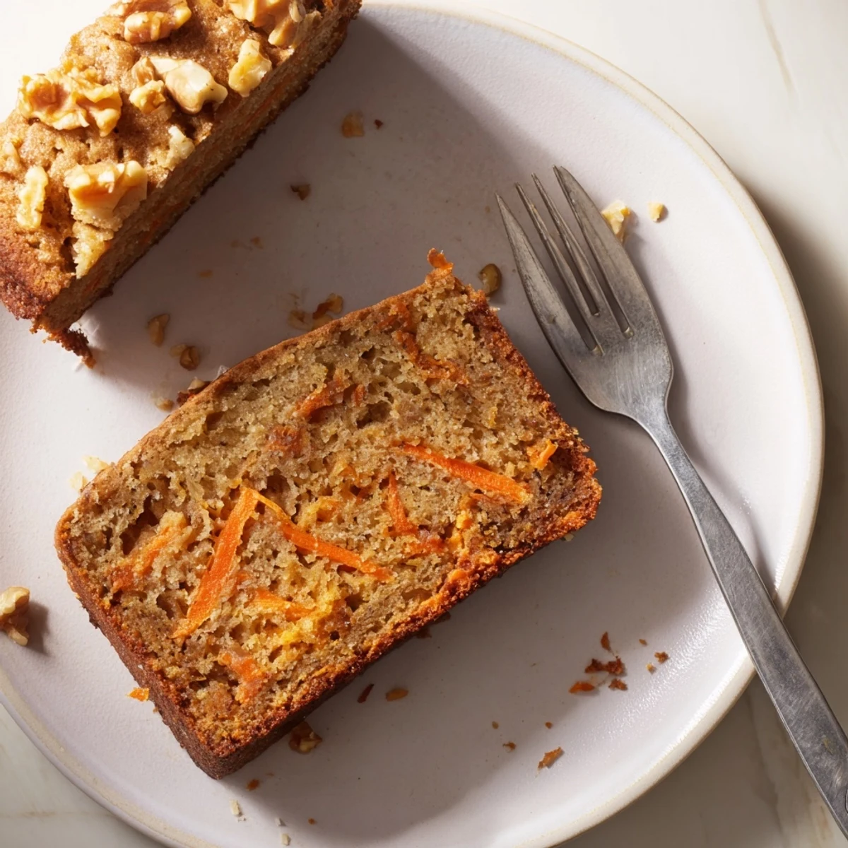 Moist carrot cake banana bread freshly baked with golden crust and visible texture, sliced on a rustic serving board