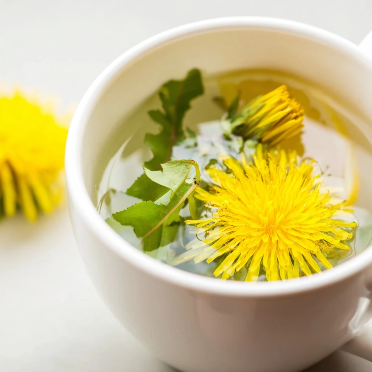 Warm herbal dandelion tea infusion served with lemon wedge and honey drizzle