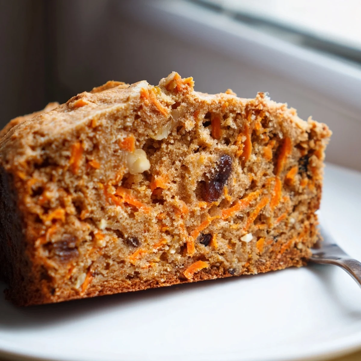 Moist carrot cake banana bread loaf sliced on a wooden cutting board