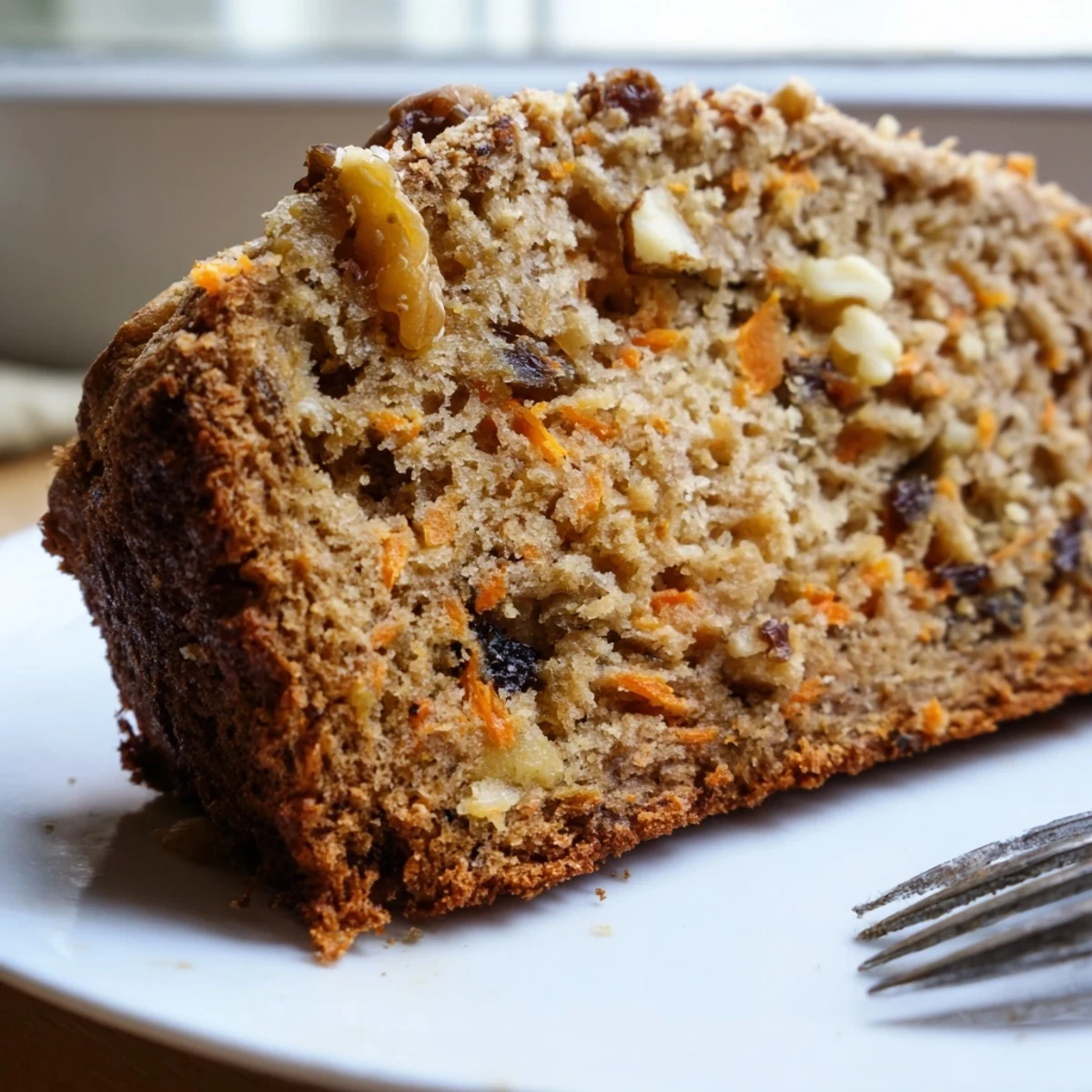Golden brown carrot cake banana bread topped with chopped walnuts and shredded carrots