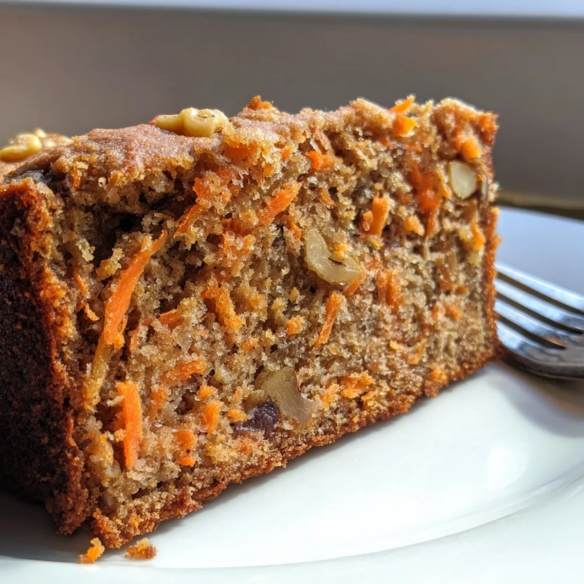 Spiced carrot cake banana bread with grated carrot flecks and warm cinnamon aroma
