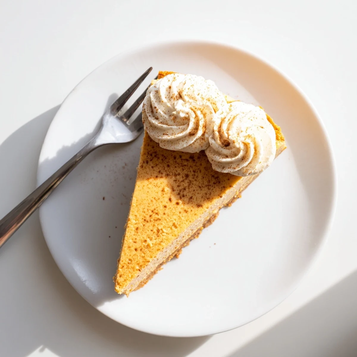Holiday pumpkin spice cheesecake on graham cracker crust topped with fluffy whipped cream