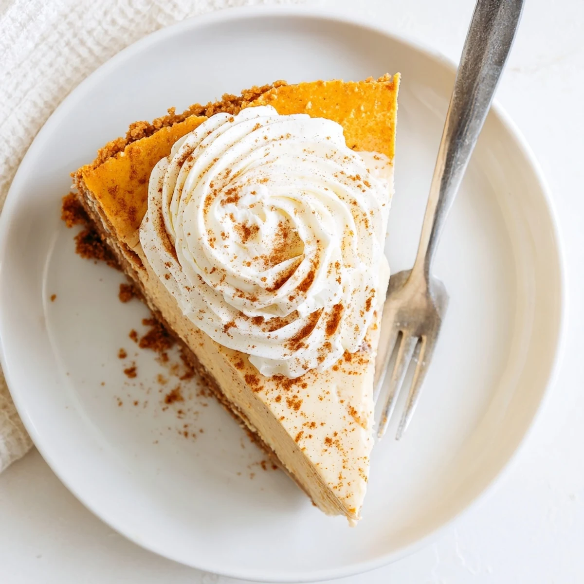 Festive pumpkin spice Christmas cheesecake served on white plate with dollop of whipped cream