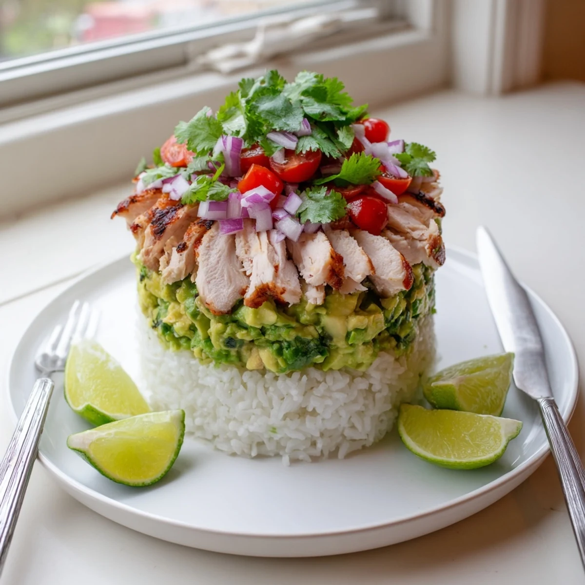 Golden honey lime chicken stacked with creamy avocado and fluffy white rice in a vibrant layered bowl