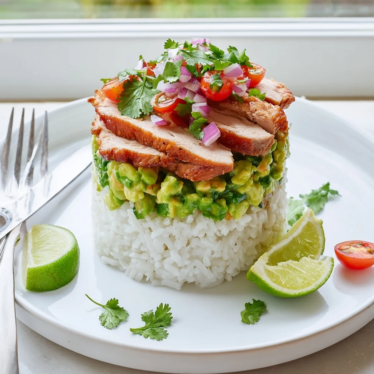 Beautiful vertical stack featuring tender glazed chicken avocado cubes and cilantro garnished rice on a white plate