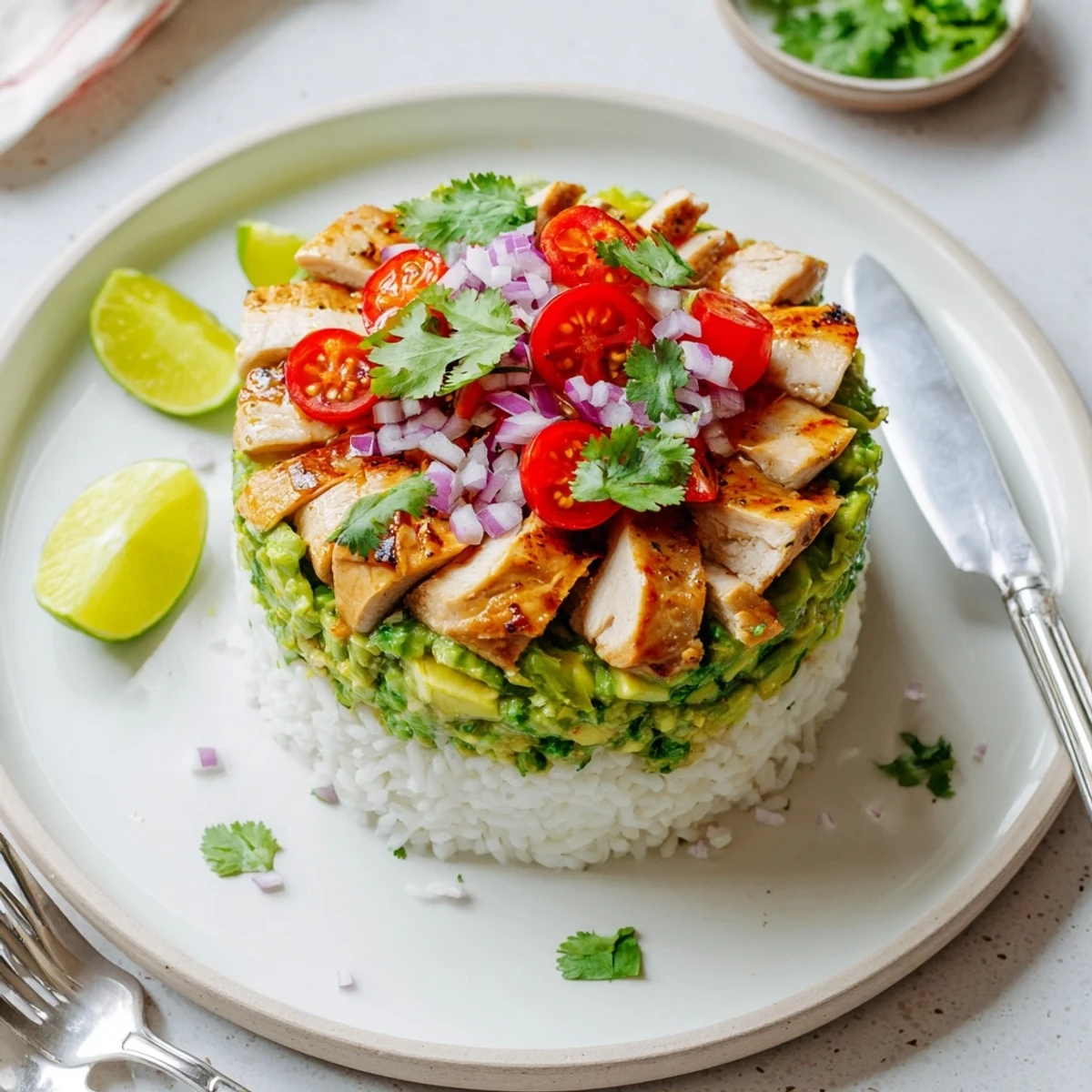 Sliced honey-lime marinated chicken breast arranged over seasoned rice topped with fresh diced avocado and red onion