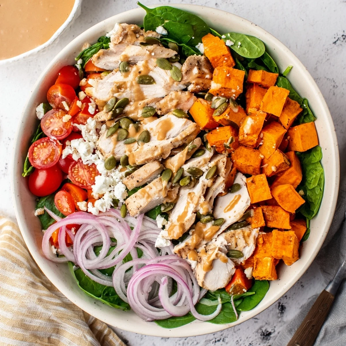 Colorful meal prep bowl featuring juicy maple Dijon chicken with caramelized sweet potatoes and fresh greens